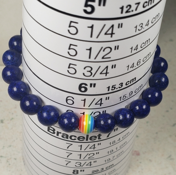 Lapis Lazuli Crystal Gemstone Round Beaded Stretch Bracelet with One Rainbow - Picture 3 of 5